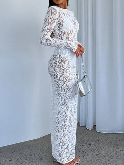 Elegant Lace Long Sleeve Maxi Dress for Women - Fashion O-neck Club Party Sexy See-through Dress, "Isabella" - Celestial Couture