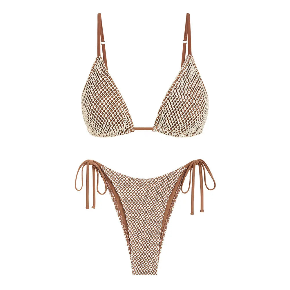 TOO HOT TO HANDLE. Women's Swimsuit Triangle Swimwear Contrast Fishnet Tie Side - Celestial Couture