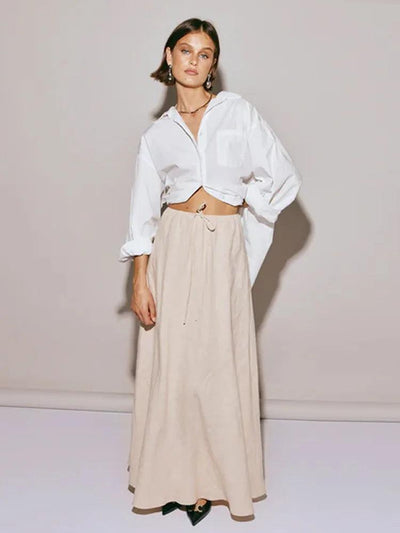 Folded Ruffles Lace Up Top Women Suits Chic Sleeveless Shirt Long Skirt 2 Pieces Set 2024 Summer Lady Office Highstreet Outfit - Celestial Couture