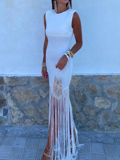 Patchwork Tassel Hem Long Dress Women Round Neck Shoulder Pads Sleeveless Slim Fit Robes 2024 Summer Lady Party Vestidos - Celestial Couture