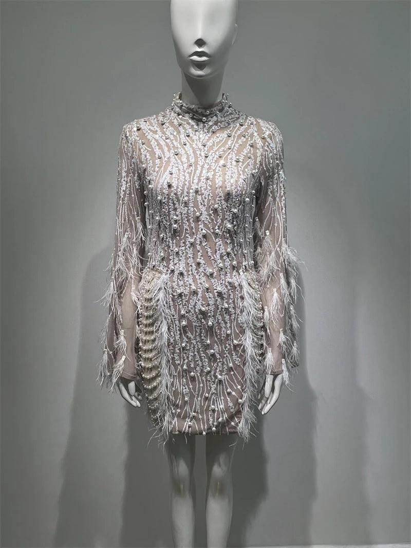 Luxury Exquisite Beading Sequins Feathers Sleeve White Mini Evening Dress Woman Birthday Party Dress Performances Costume - Celestia Couture