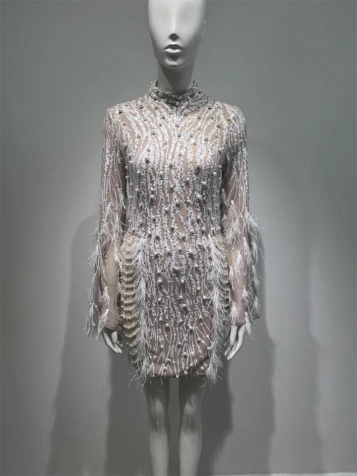 Luxury Exquisite Beading Sequins Feathers Sleeve White Mini Evening Dress Woman Birthday Party Dress Performances Costume - Celestia Couture