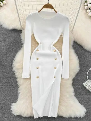 Autumn Chic Double-Breasted Knitted Dress - Celestia Couture