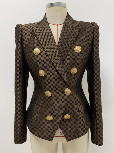 Brown Plaid Print Elegant Blazer Women - Celestial Couture