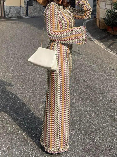 LANMREM Fashion Backless Women's Dress Lace Contrast Color Long Sleeves Slim Design Dresses 2024 New Summer Clothing 32C825 - Celestial Couture