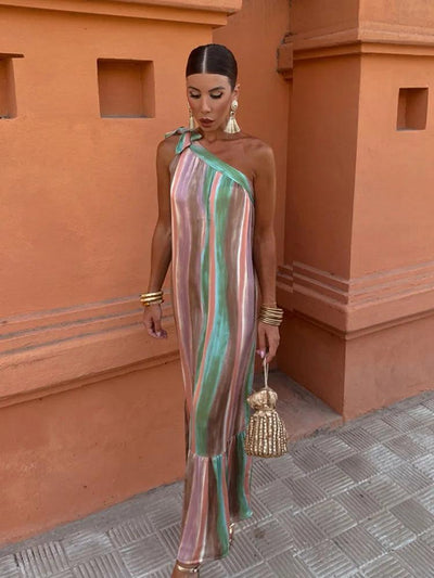 Striped Contrasting Oblique Shoulder Women's Sundress 2024 New Asymmetric Sleeves Long Dress Ladies Summer Party Evening Clothes - Celestial Couture