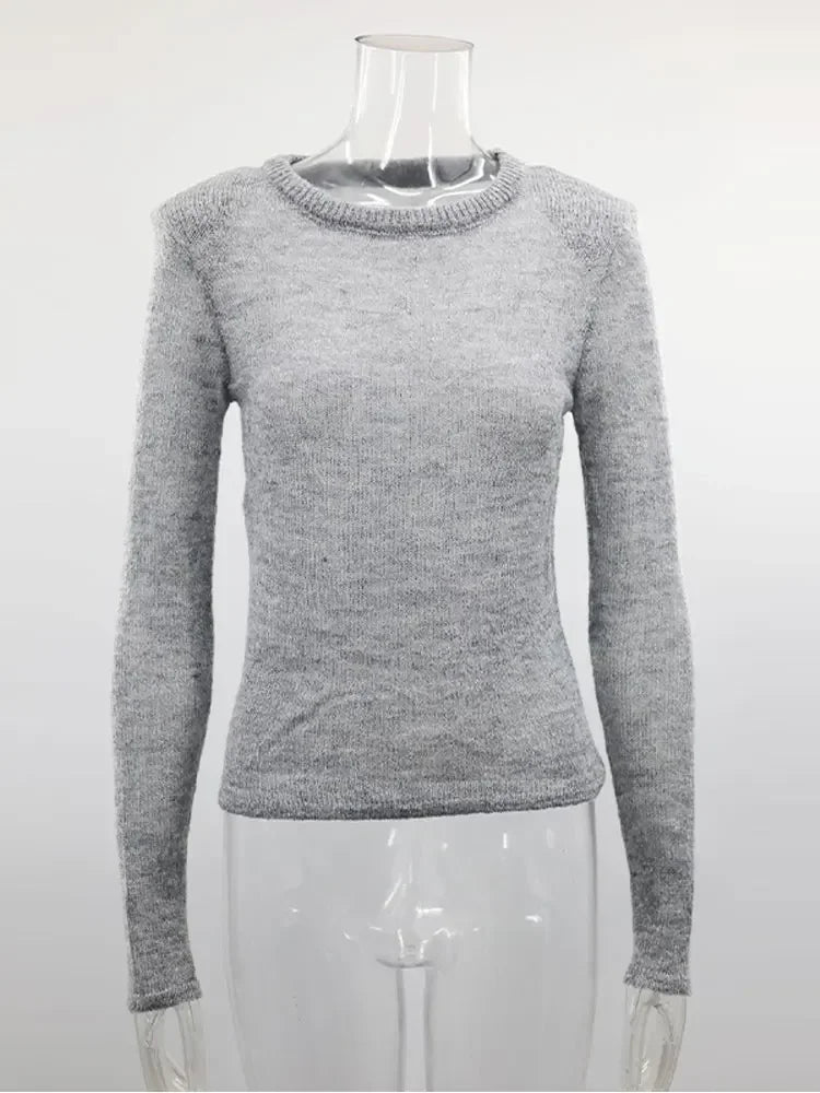Grey Fashion Solid Long Sleeve Knitted Pullover Women Casual Round Neck Thin Slim Sweater 2024 Autumn Lady High Street Knitwear Top