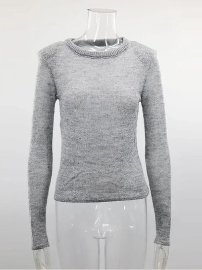 Grey Fashion Solid Long Sleeve Knitted Pullover Women Casual Round Neck Thin Slim Sweater 2024 Autumn Lady High Street Knitwear Top