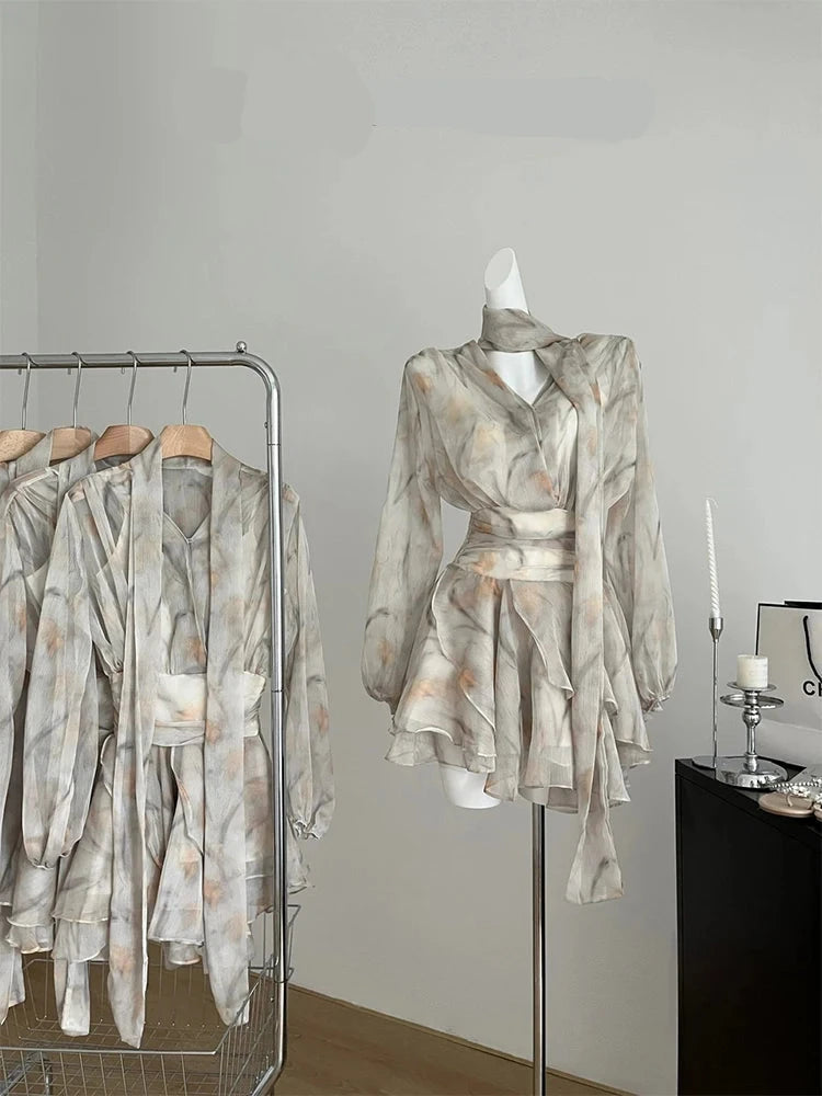 French Floral Chiffon Dress Set - Celestia Couture