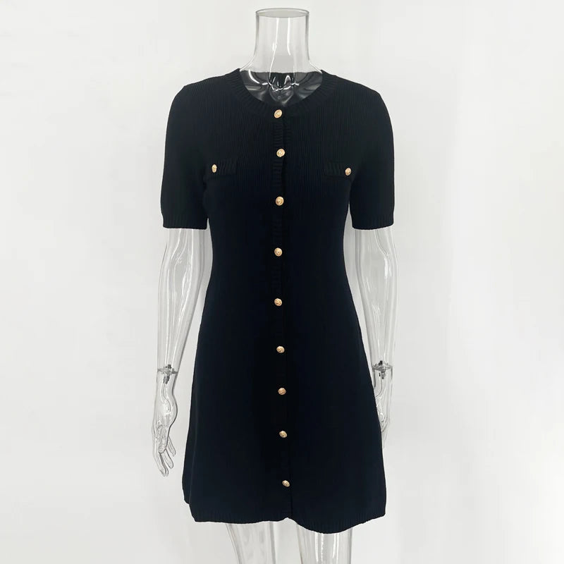 Merlin Elegant White Knitted Mini Dress Women Sexy Slim Fit Ribbed Knit Dress Metal Button Short Sleeve Holiday Party Mini Dress