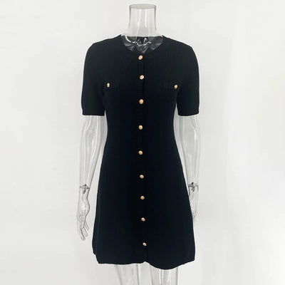 Merlin Elegant White Knitted Mini Dress Women Sexy Slim Fit Ribbed Knit Dress Metal Button Short Sleeve Holiday Party Mini Dress