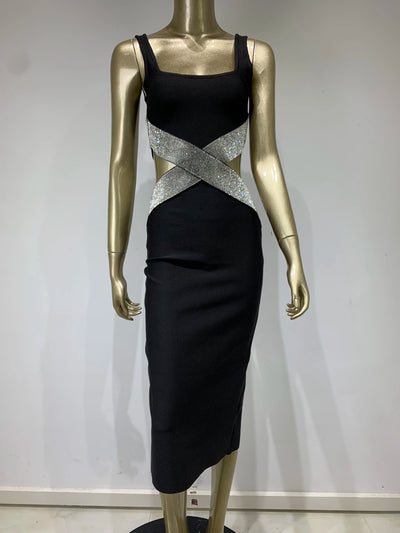 Chloe Enigma Sexy Backless V Neck Cutout Diamonds Black Dress 2024 Elegant Evening Club Party Dress - Celestial Couture