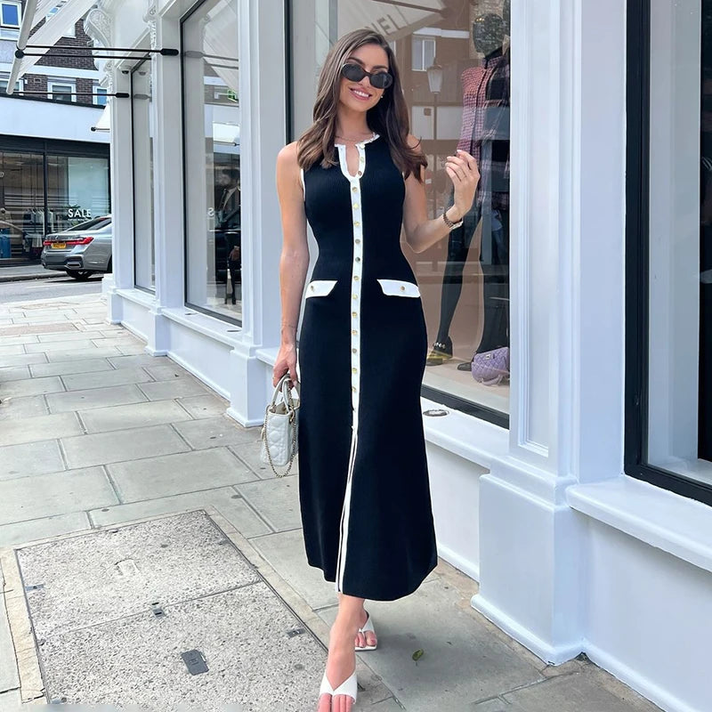 Lora Elegant Sleeveless Single-Breasted Ribbed Knitwear Long Dress For Women High Waist Bodycon Knitted Fake Pocket Dress New