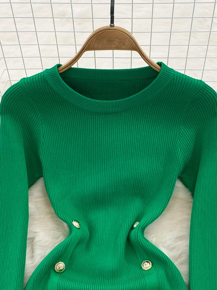Autumn Chic Double-Breasted Knitted Dress - Celestia Couture