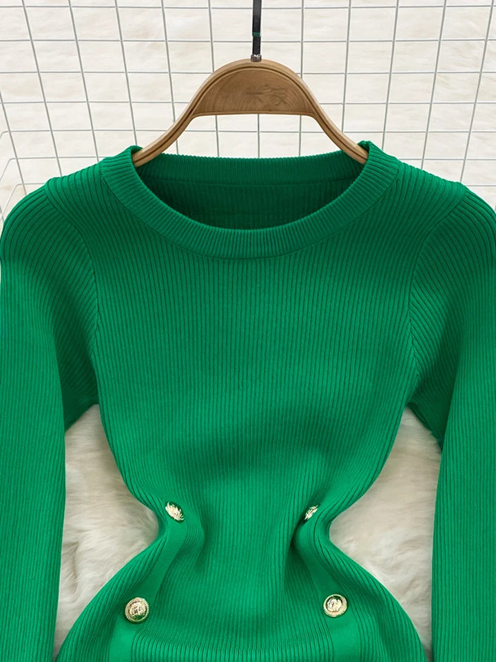 Autumn Chic Double-Breasted Knitted Dress - Celestia Couture