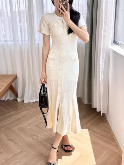 Mona White Hollow Knitted Dress Women 2024 Summer Temperament Short Sleeve Elegant Slim Bodycon Party Dress 5240125