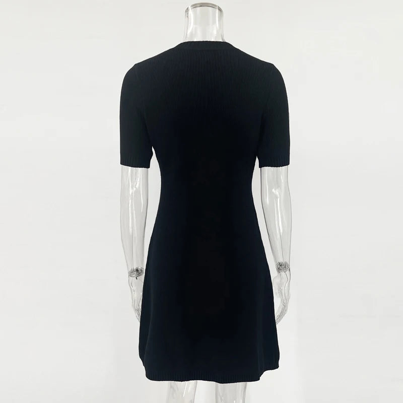 Merlin Elegant White Knitted Mini Dress Women Sexy Slim Fit Ribbed Knit Dress Metal Button Short Sleeve Holiday Party Mini Dress