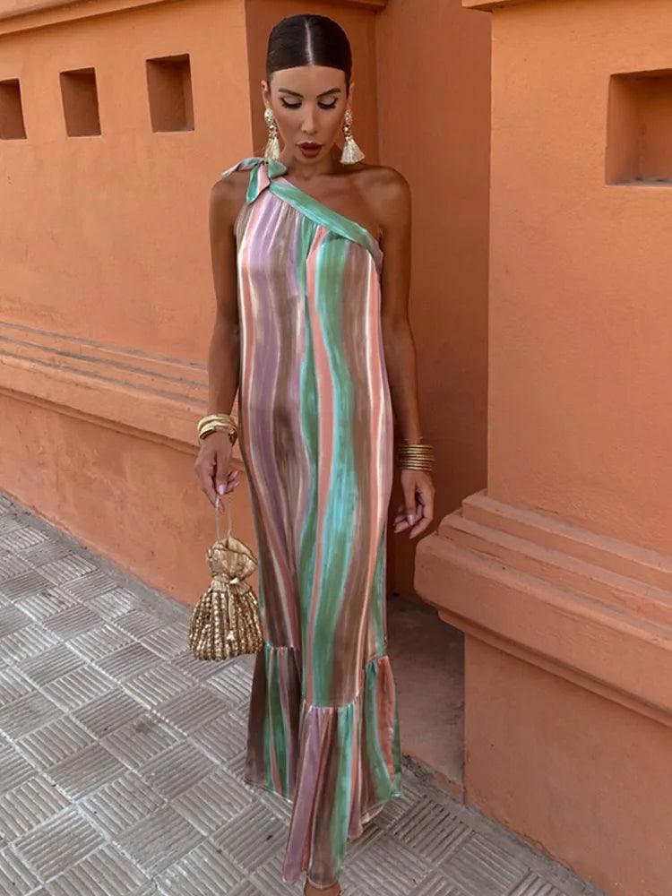 Striped Contrasting Oblique Shoulder Women's Sundress 2024 New Asymmetric Sleeves Long Dress Ladies Summer Party Evening Clothes - Celestial Couture