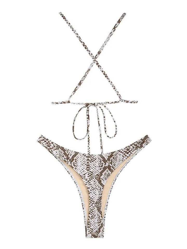 Criss Cross Snake Print Thong Bikini