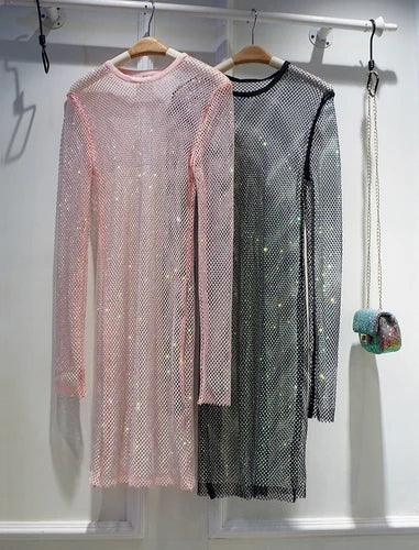 Sidaimi New Women Crystal Diamond Sexy Bodycon Dress Hollow Out Long Sleeve Mini Dress Female See Through Rhinestone Party Dress - Celestial Couture