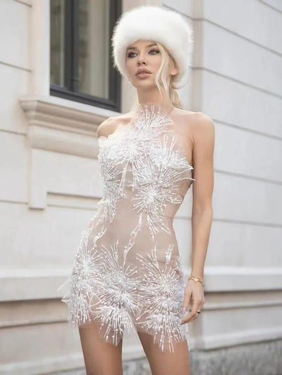 High Quality Women Sexy Off the Shoulder Mesh SeeThrough Bodycon Mini Dress Sequins Nightclub Party Celebrate Dress - Celestial Couture