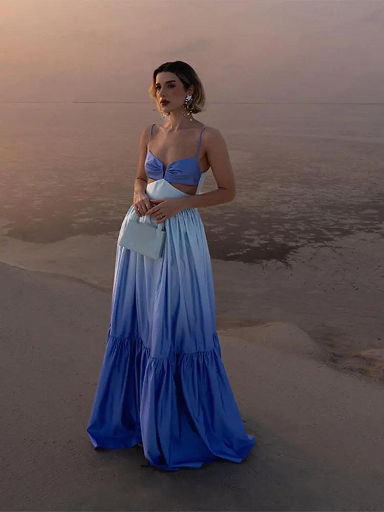 Hollowed Out Pleated Long Dress - Celestia Couture