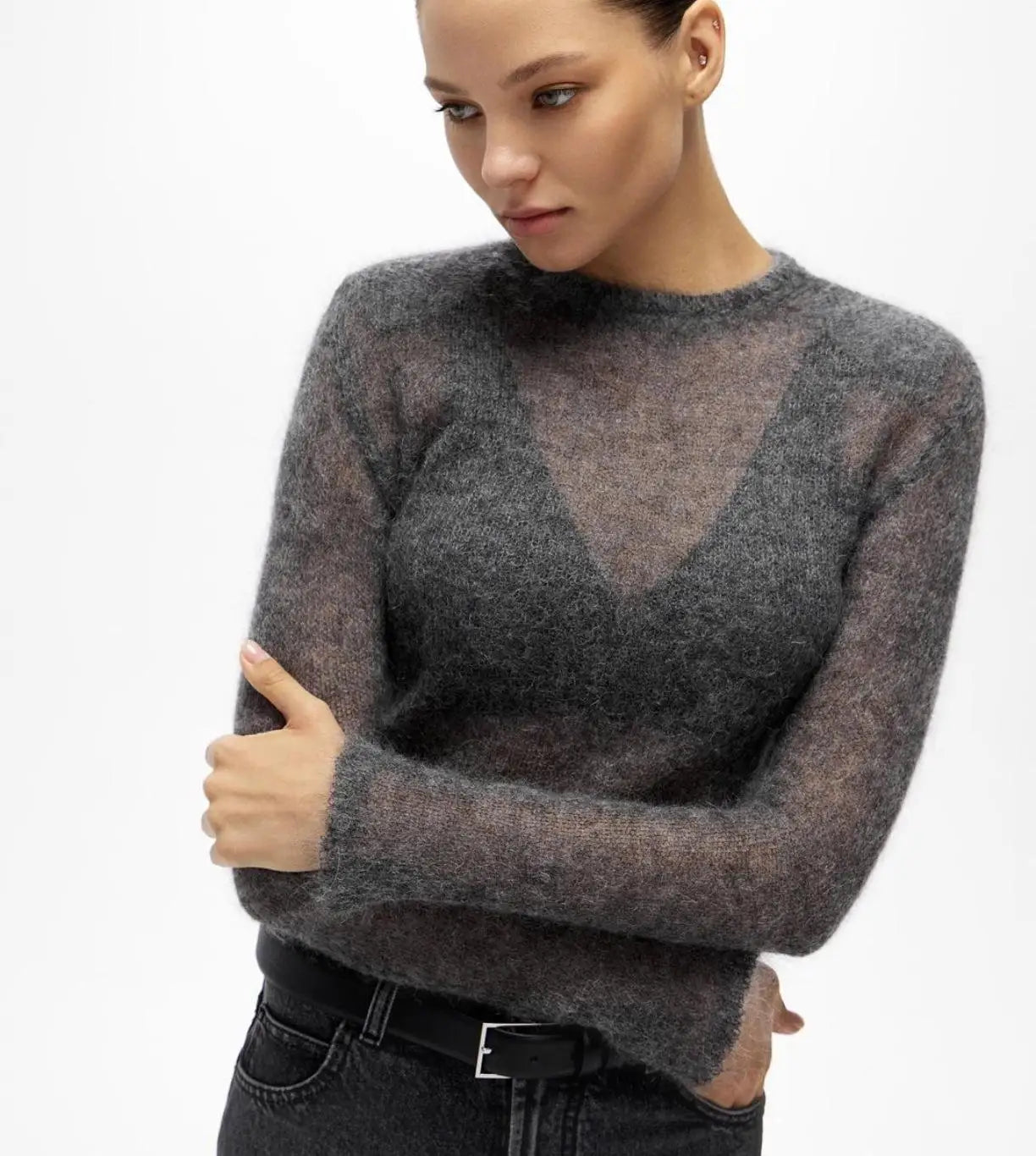 Grey Fashion Solid Long Sleeve Knitted Pullover Women Casual Round Neck Thin Slim Sweater 2024 Autumn Lady High Street Knitwear Top