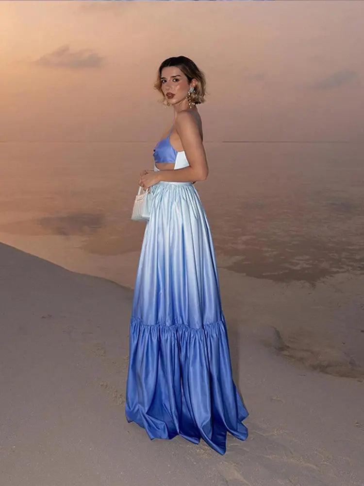 Hollowed Out Pleated Long Dress - Celestia Couture