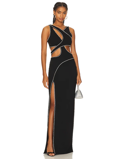 Stella Noir Sexy Sleeveless Cutout Lace Beading Long Dress Women Black Pearl Side Slit Bodycon Dresses Evening - Celestial Couture