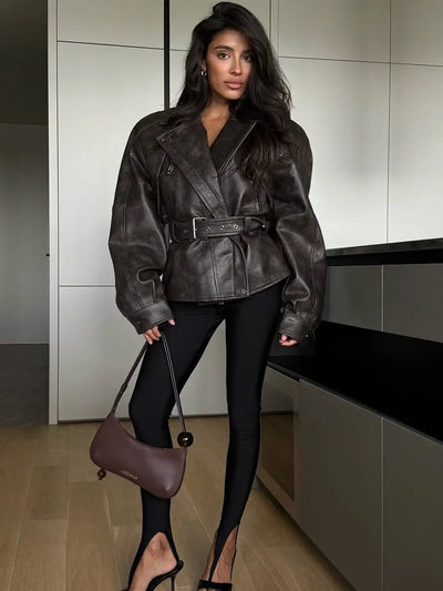 ALISE Retro Lapel Belt Leather Jacket