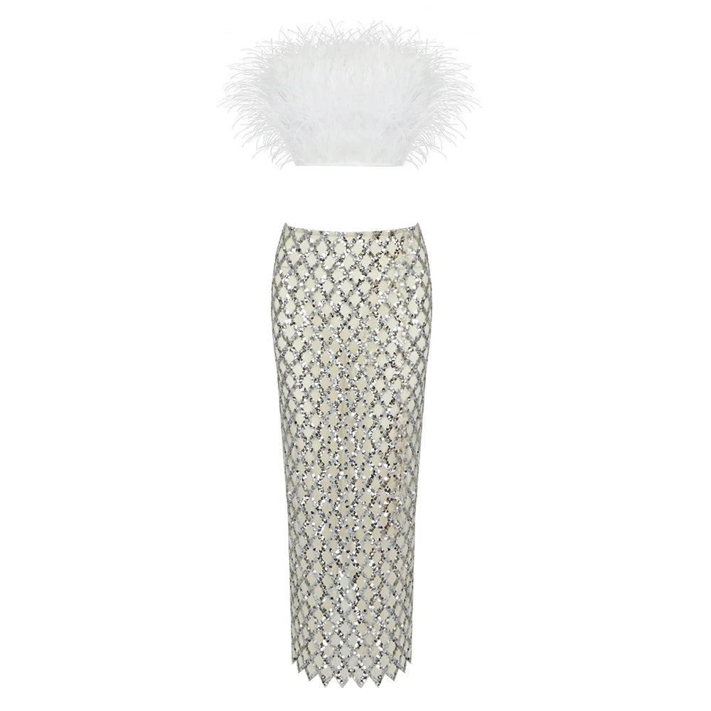 Feathered Elegance Two-Piece Party Set - Celestial Couture