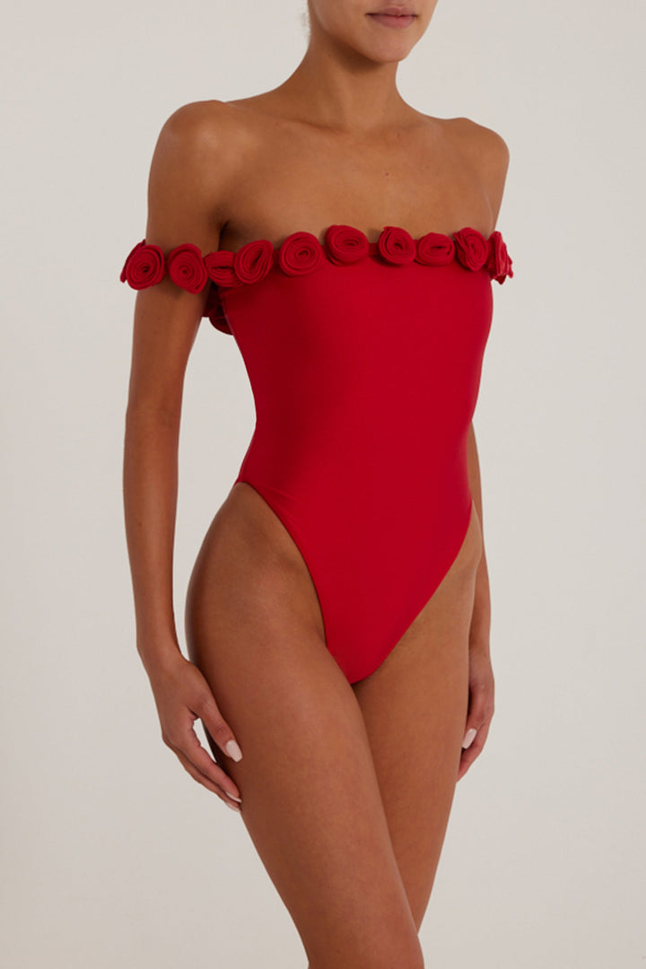 Rosette Off Shoulder One Piece (Scarlet Red/Red) - Celestial Couture