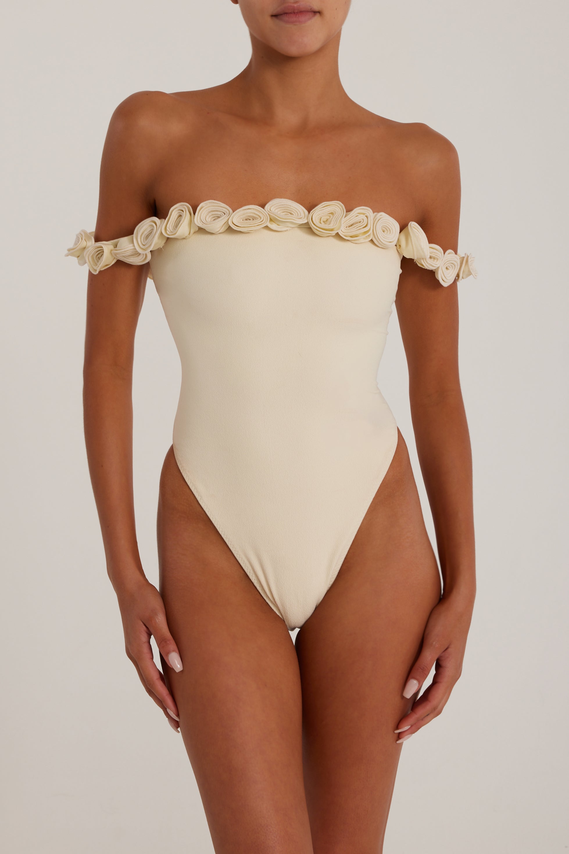Rosette Off Shoulder One Piece (Faux Suede Cream/Cream) - Celestial Couture
