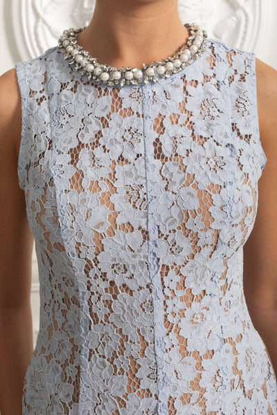 Sleeveless Lace Mini Dress with Scalloped Hem - Blue