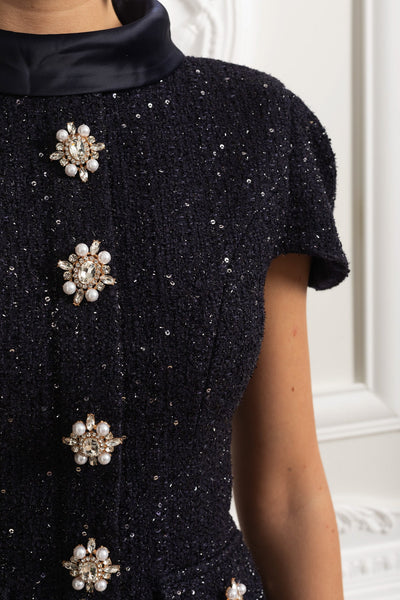 Co-Ord Set with Tweed Embellished Top and Satin Maxi Skirt - Navy