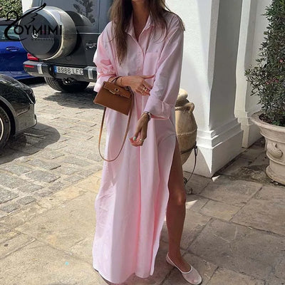 Charming Pink Long Sleeve Casual Dress for Women with Pockets and Elegant Side Slit - Floor-Length Fashion Statement - Celestial Couture