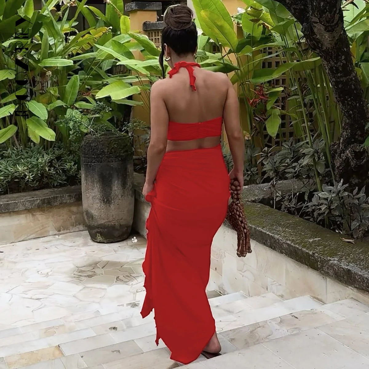 BoozRey Sexy Skirt Two Piece Sets Women Flower Strapless Crop Tops And Midi Skirt Femme Backless Side Slit Sexy Two Piece Sets - Celestial Couture