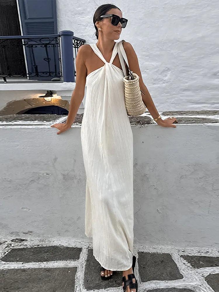 Sexy White Off Shoulder Halter Pleated Maxi Dress Fashion Sleeveless Loose Dresses Summer 2024 Ladies High Streetwear Vestidos - Celestial Couture