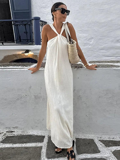 Sexy White Off Shoulder Halter Pleated Maxi Dress Fashion Sleeveless Loose Dresses Summer 2024 Ladies High Streetwear Vestidos - Celestial Couture