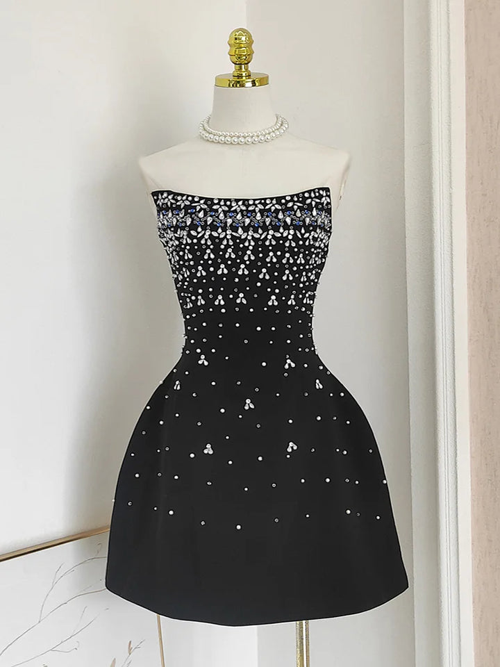 Parisian Glam Diamond-Spliced Mini Dress - Celestia Couture