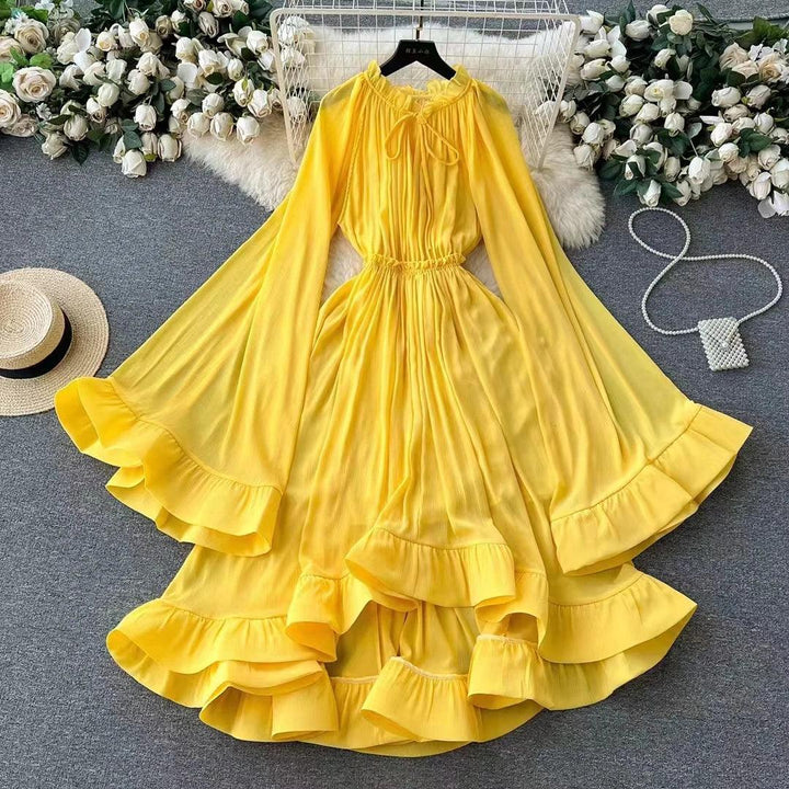 Luxury Ruffles Irregular Solid Dresses For Women V Neck Cloak Sleeves High Waist Spliced Lace Up Loose Folds Dress Summer Female - Celestia Couture