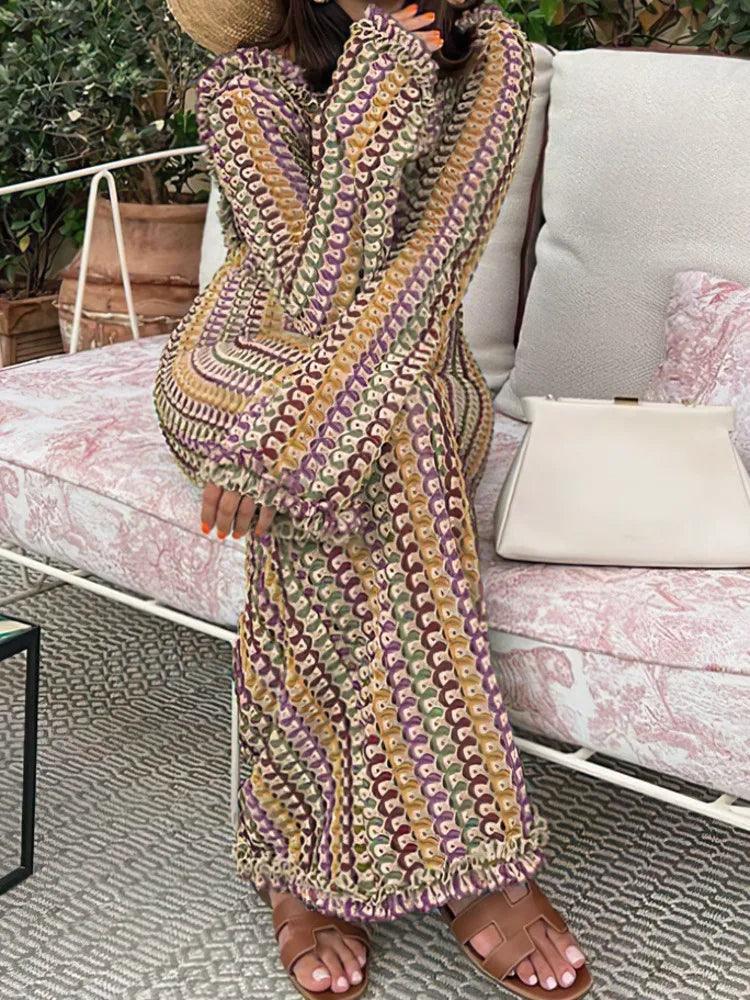 LANMREM Fashion Backless Women's Dress Lace Contrast Color Long Sleeves Slim Design Dresses 2024 New Summer Clothing 32C825 - Celestial Couture