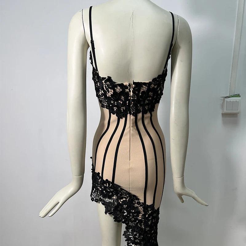High Quality Women Sleeveless Sexy V-Neck Bodycon Lace Bandage Dress Elegant Evening Party Celebrate Birthday Dress - Celestial Couture