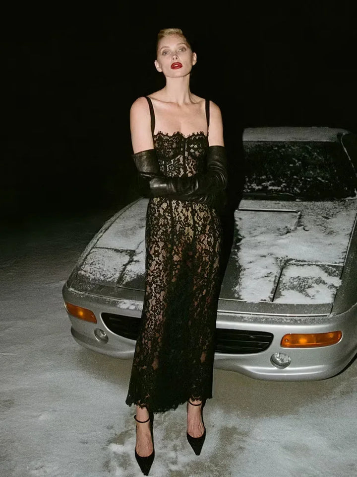 Volante Long Lace Dress Black