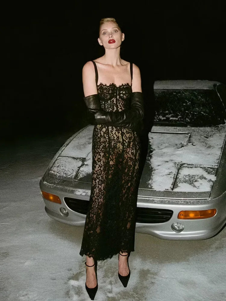 Volante Long Lace Dress Black