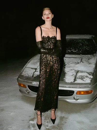 Volante Long Lace Dress Black