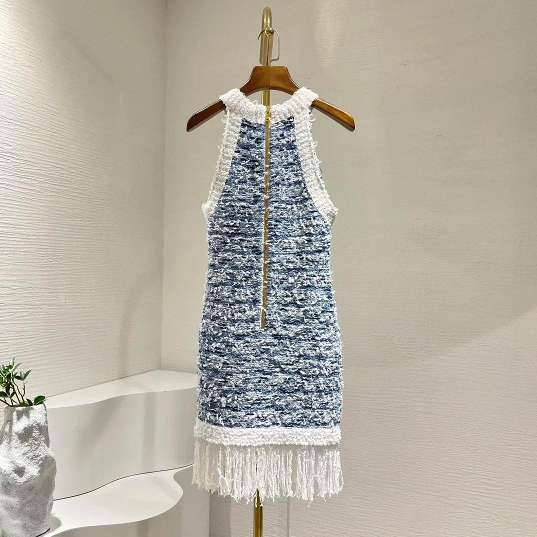 Summer High Quality Blue Sleevless Fringed Tassels Knit Buttons Women Mini Dress - Celestial Couture