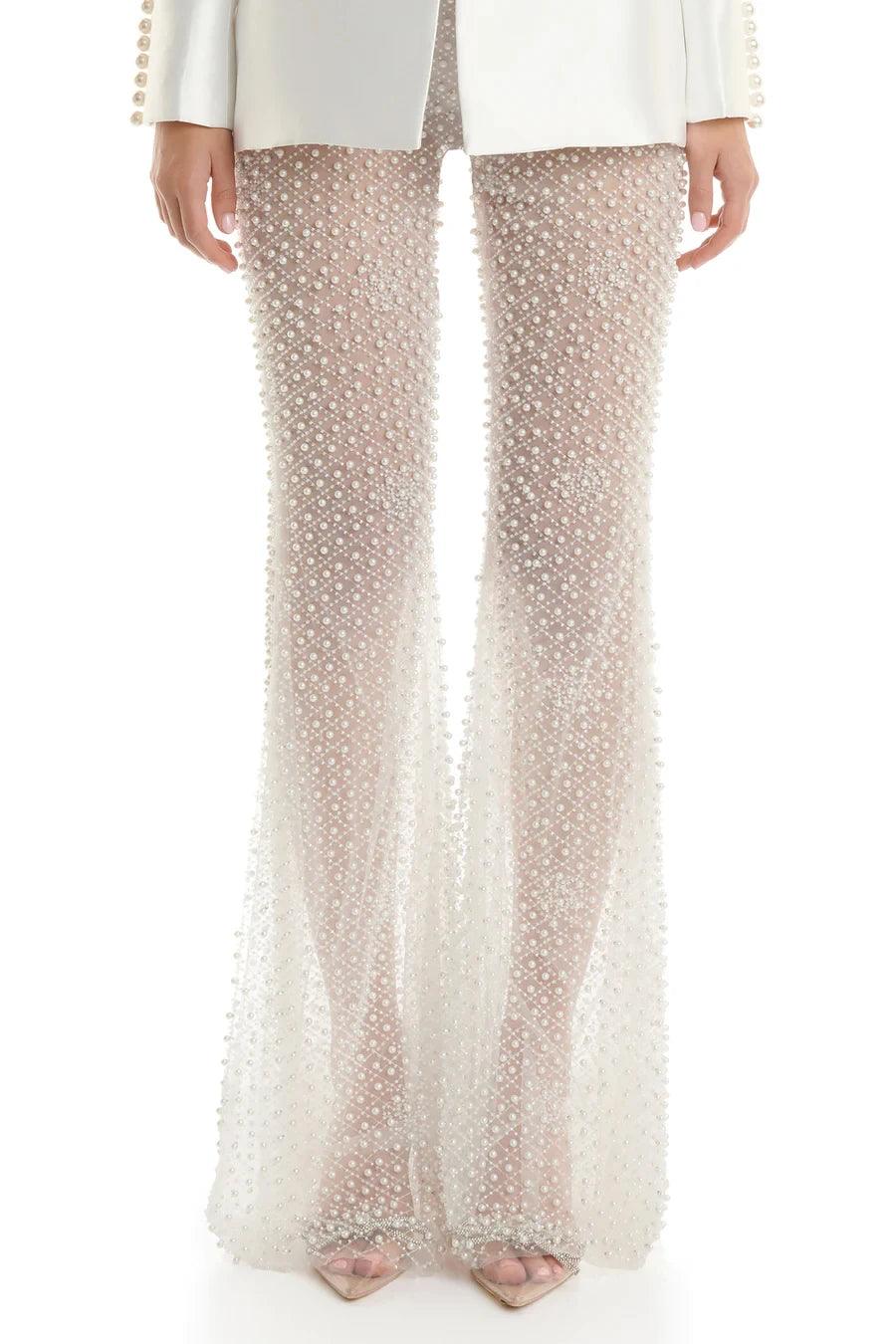 Fashiion Causal White Woman Set Flower Backless Suit Coat And Pearl Beading Mesh See Through Flare Pants 2 Pieces Party Outfit - Celestial Couture