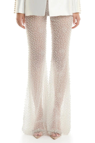 Fashiion Causal White Woman Set Flower Backless Suit Coat And Pearl Beading Mesh See Through Flare Pants 2 Pieces Party Outfit - Celestial Couture