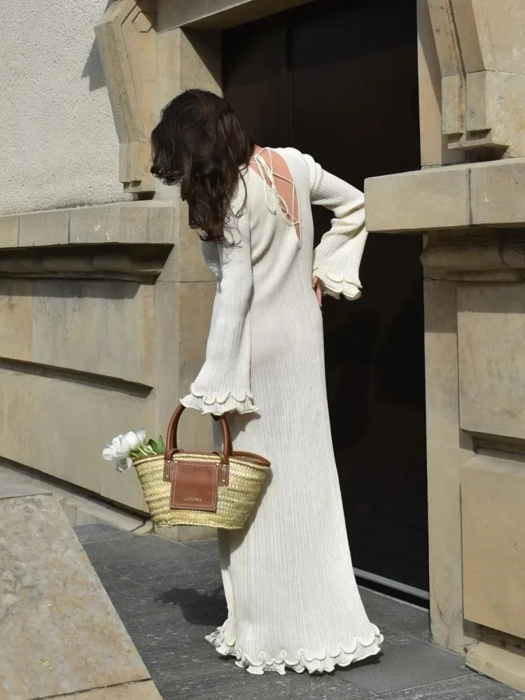 Women Elegant Ruffle Hem Knit White Long Dress O-neck Flare Long Sleeve Backless Bandage Dresses 2024 New Evening Party Robes - Celestia Couture